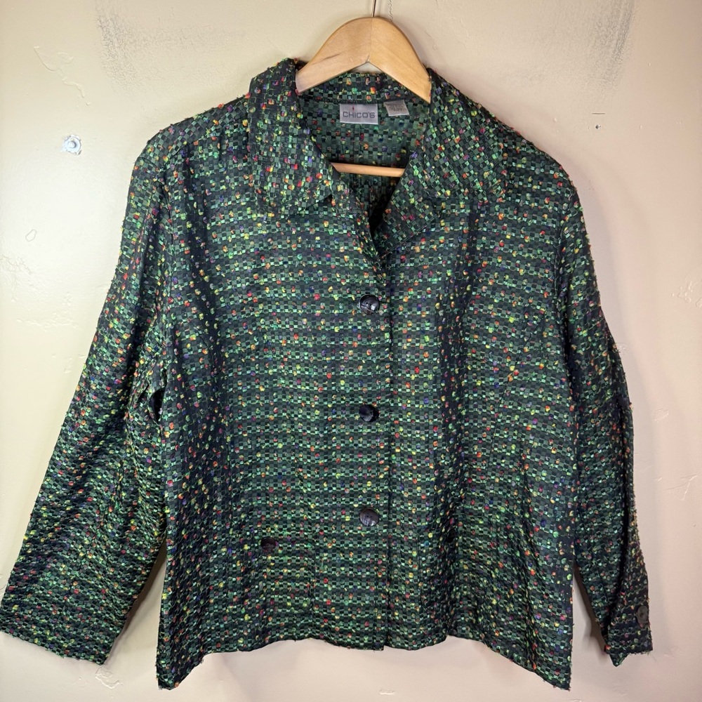 Chicos Sz 2 14 Green Unique Wearable Art to Wear Blazer Jacket Shirt Top Mature